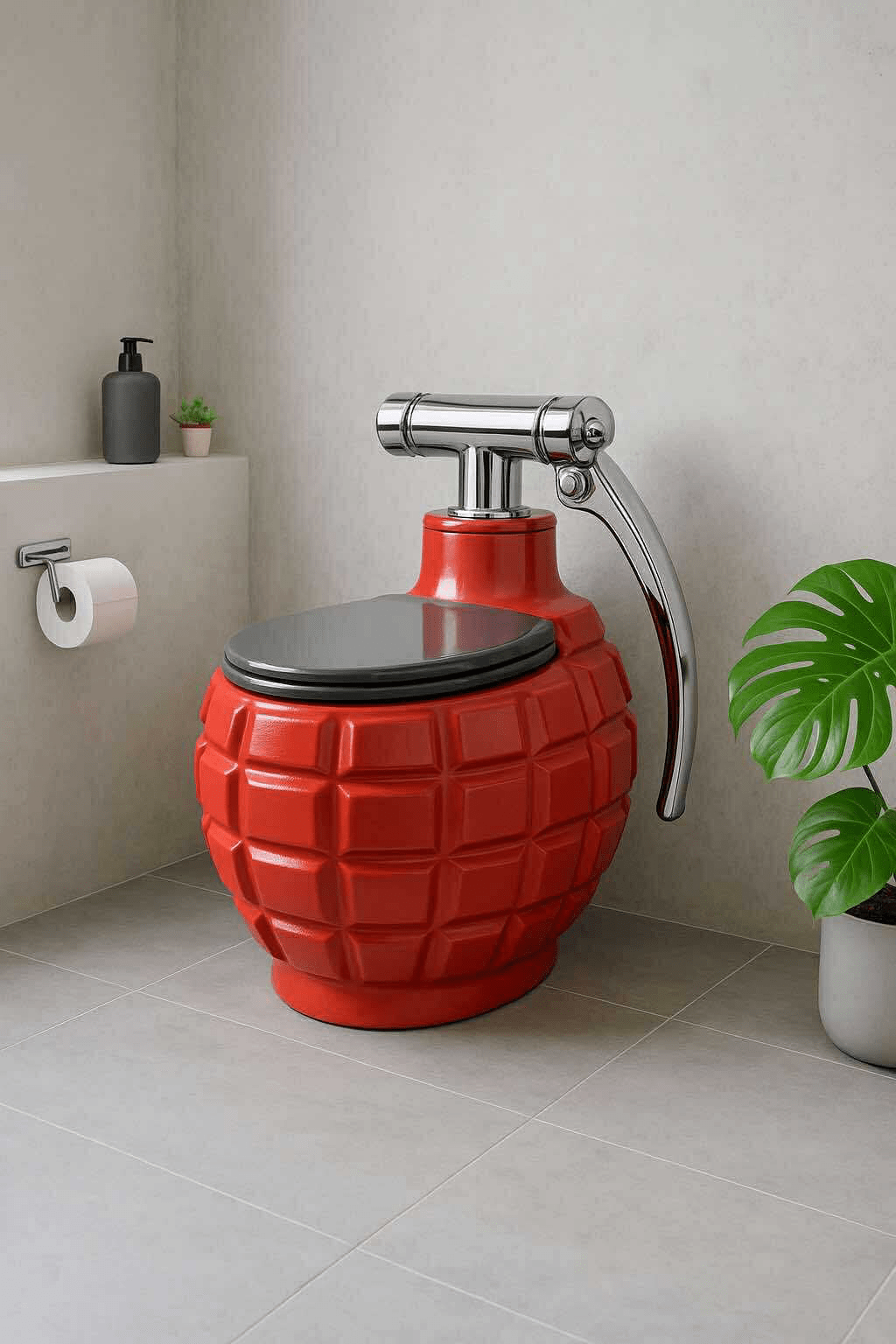 A contemporary red grenade-inspired toilet with a chrome handle and black seat, placed in a minimalist bathroom.