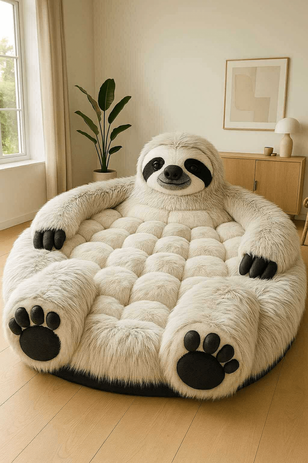 A large cream sloth-shaped chair with plush faux fur in a bright modern living room.