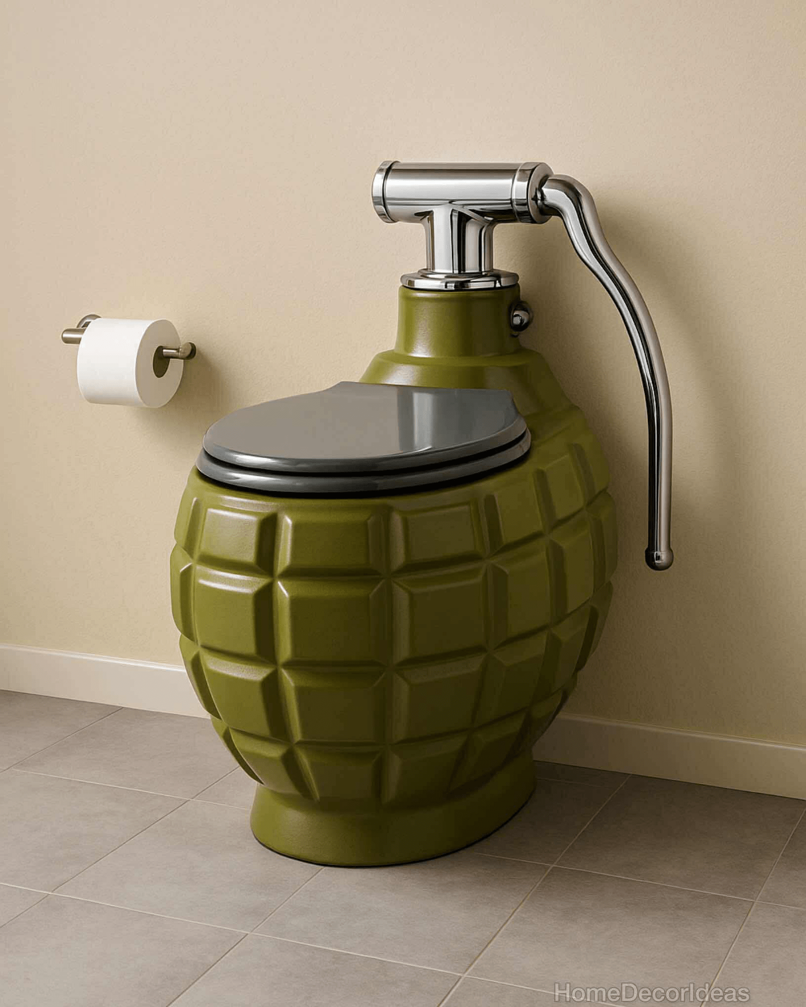 A grenade-shaped olive-green toilet with chrome handle and grey lid in a modern minimalist bathroom.