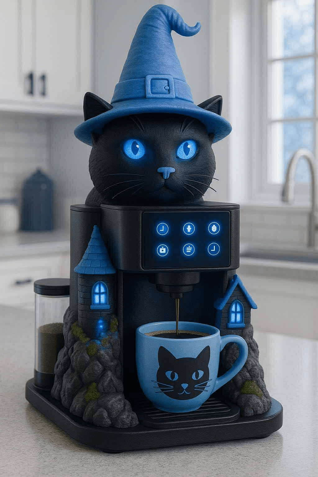 Magical black cat coffee maker with glowing blue eyes brewing coffee into a blue cat mug.