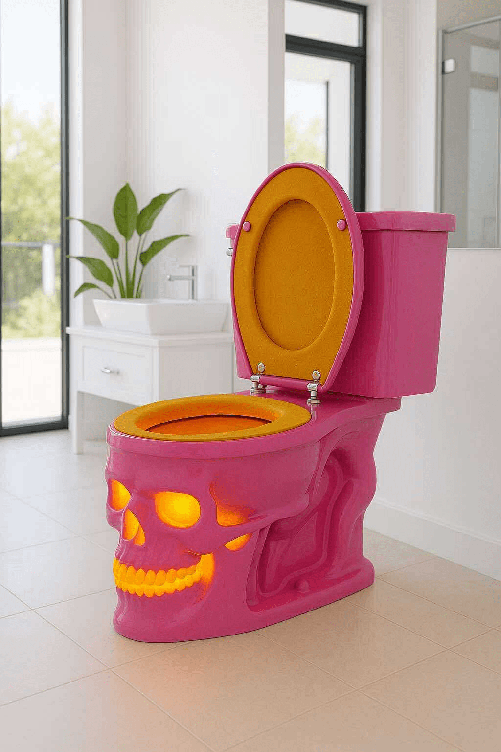 A vibrant pink skull-shaped toilet with glowing orange LED accents in a modern bathroom.
