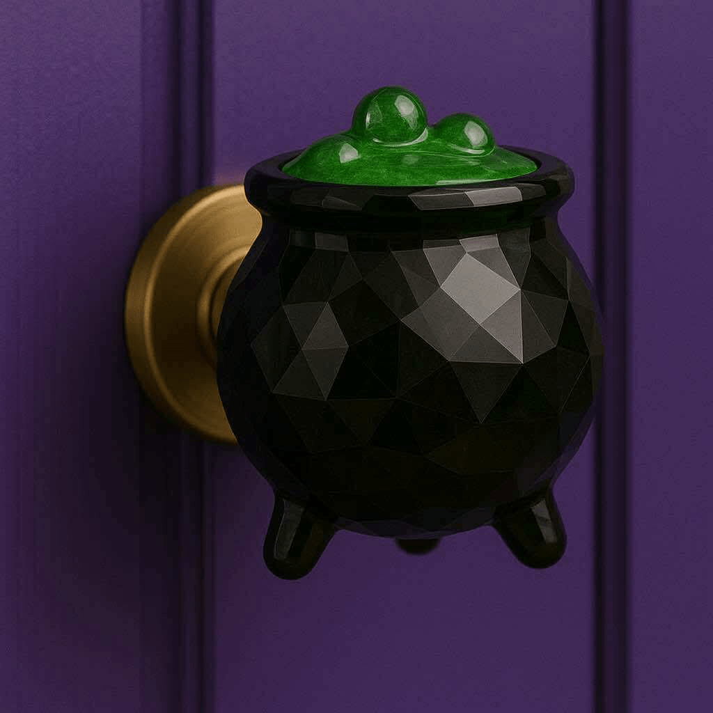 Black cauldron-shaped crystal door knob with green bubbling top on a purple door