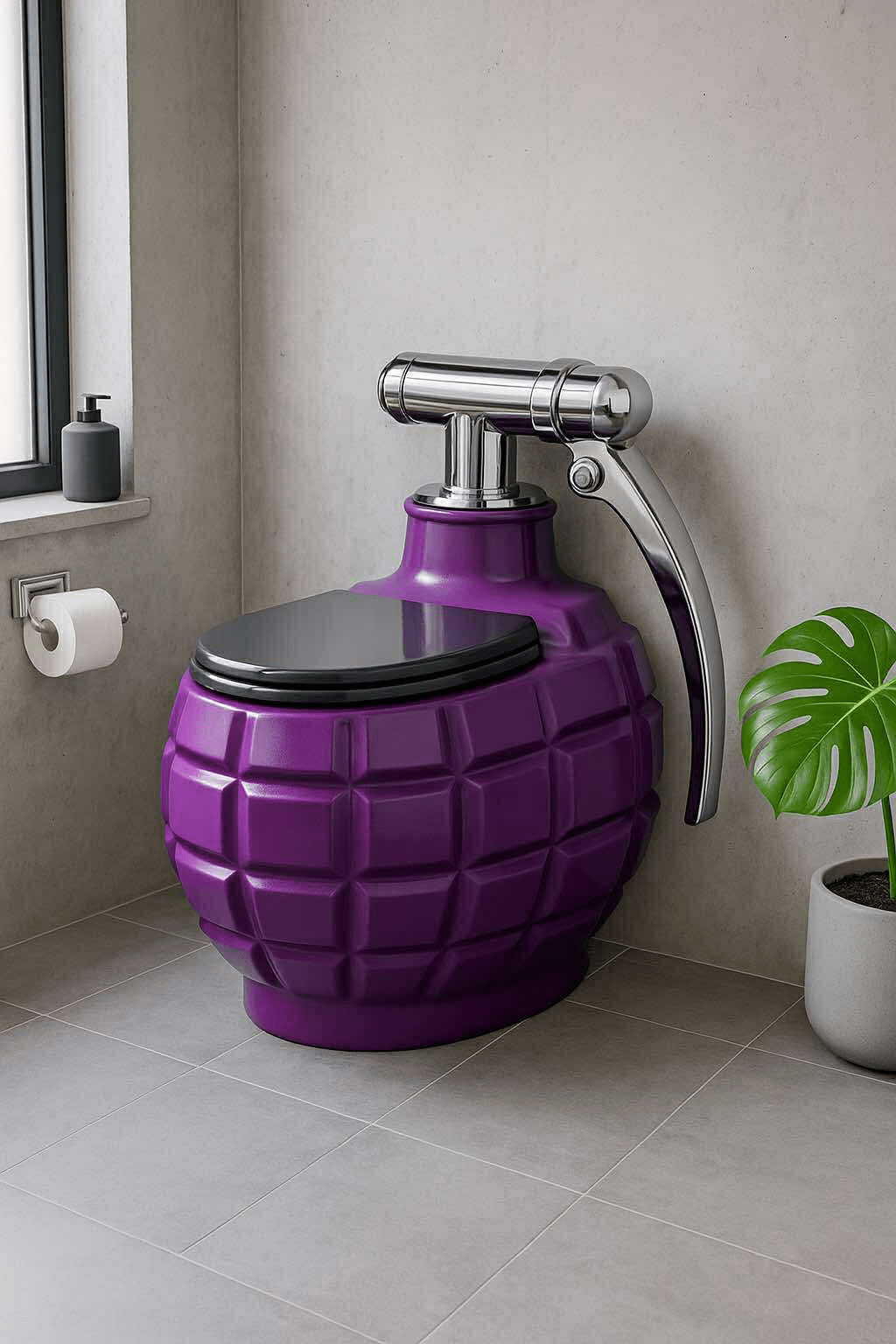 A stylish purple grenade-shaped toilet with chrome handle in a modern bathroom interior.