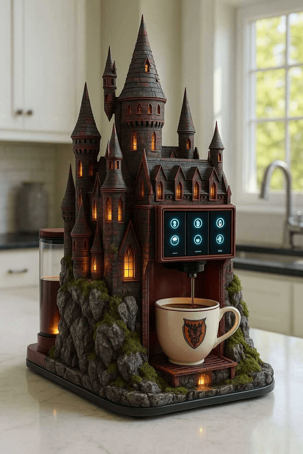 A gothic castle-themed coffee machine with warm amber lighting and a dragon-emblem mug.
