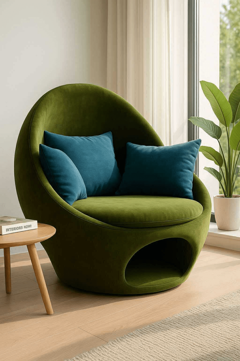 Green chair with teal cushions and built-in cat hideaway