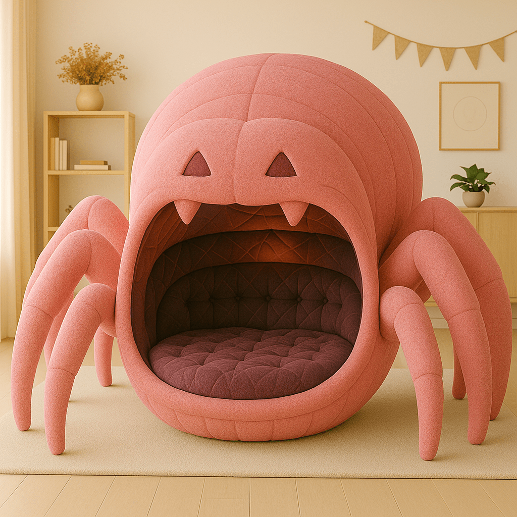 Fun pink spider sofa with purple padded seating, creating a cheerful focal point in a light living room.
