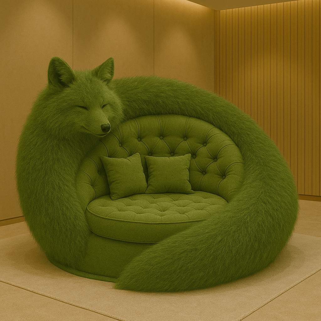 Oversized moss green fox-themed chair in a minimalist wood-panelled room