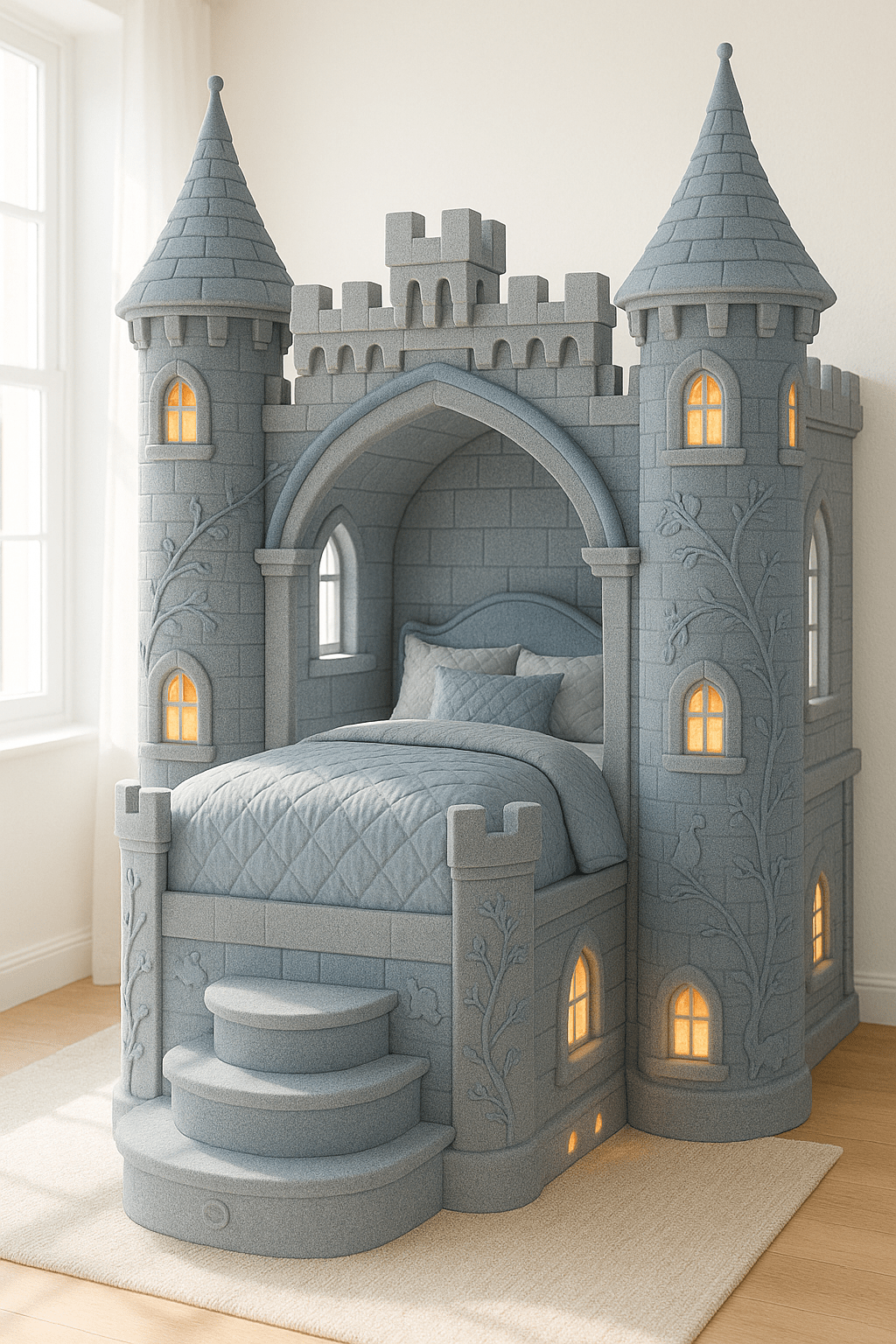 Elegant grey and blue castle-style children’s bed with soft lighting and quilted bedding.