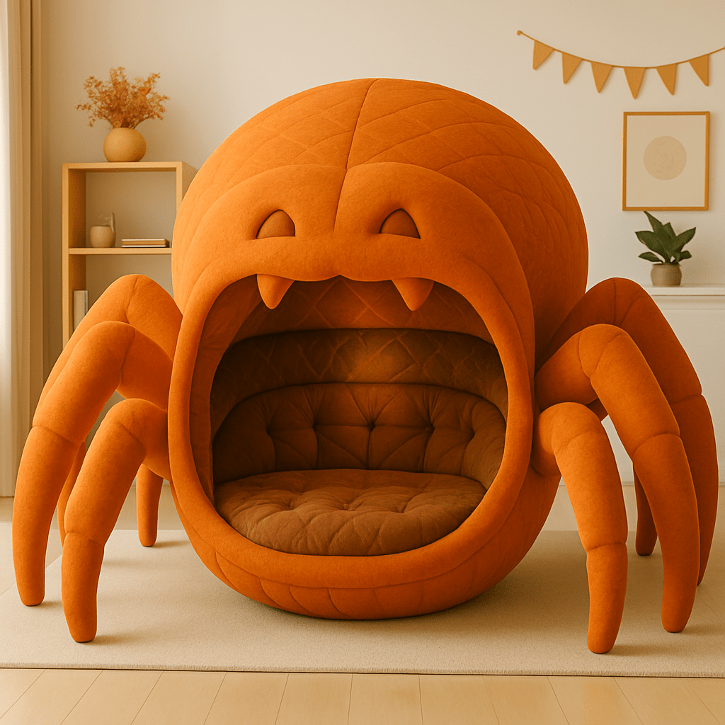 Bright orange sofa with cosy padded interior, styled as a whimsical seating feature for modern homes.