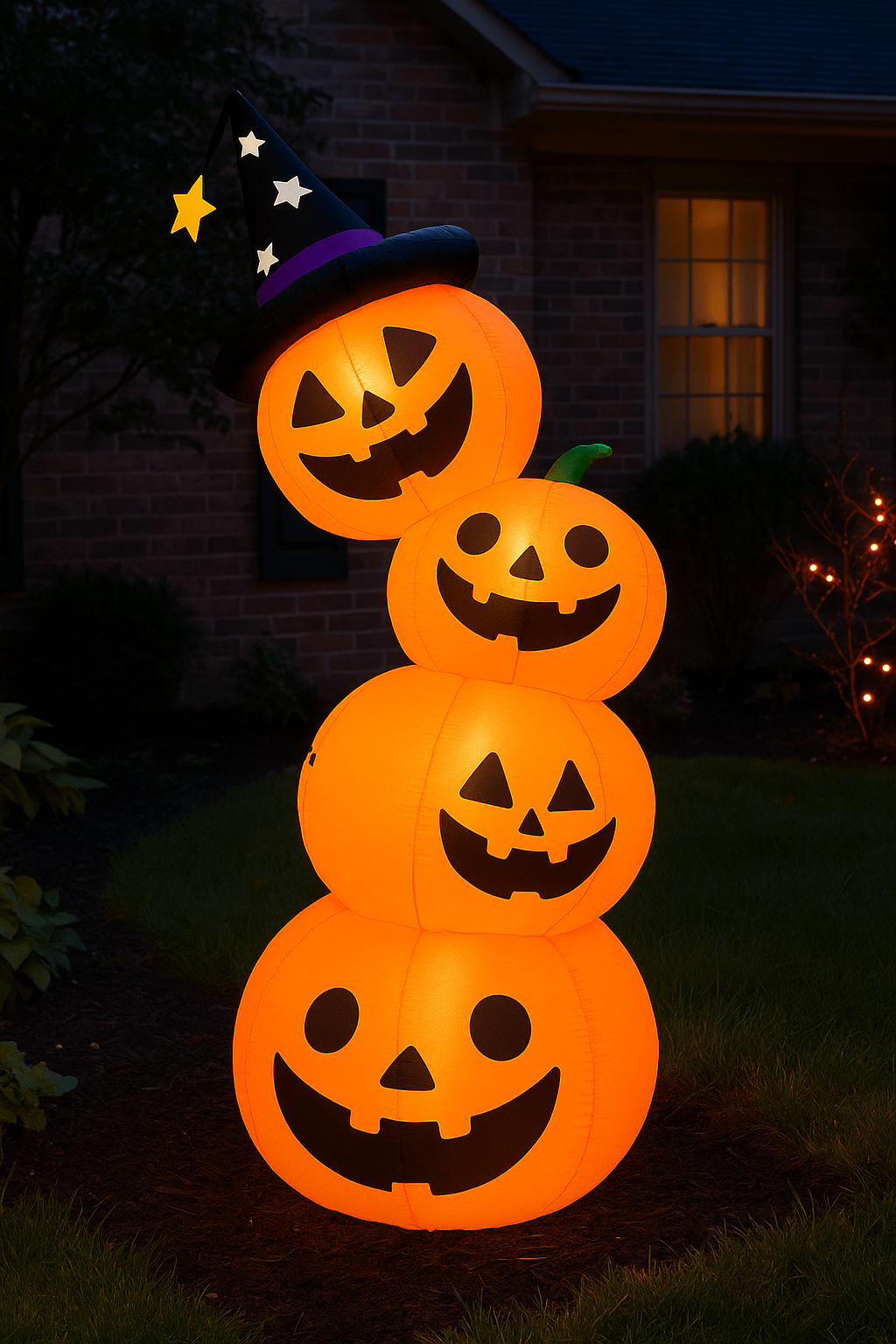 Glowing stack of jack-o’-lantern pumpkins wearing a witch hat in a front garden