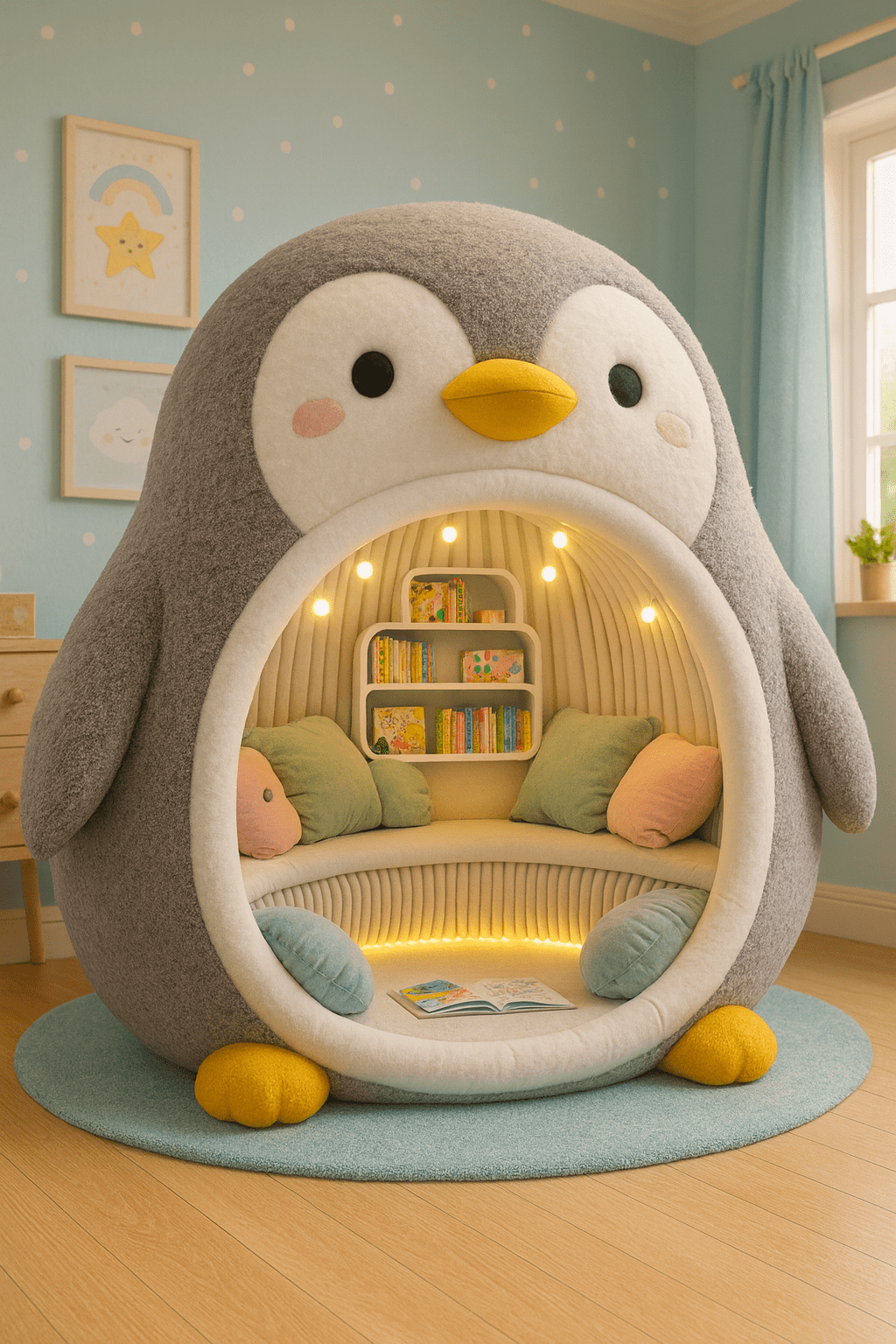 Grey penguin-shaped reading nook with glowing lights and cushions in a modern nursery setting