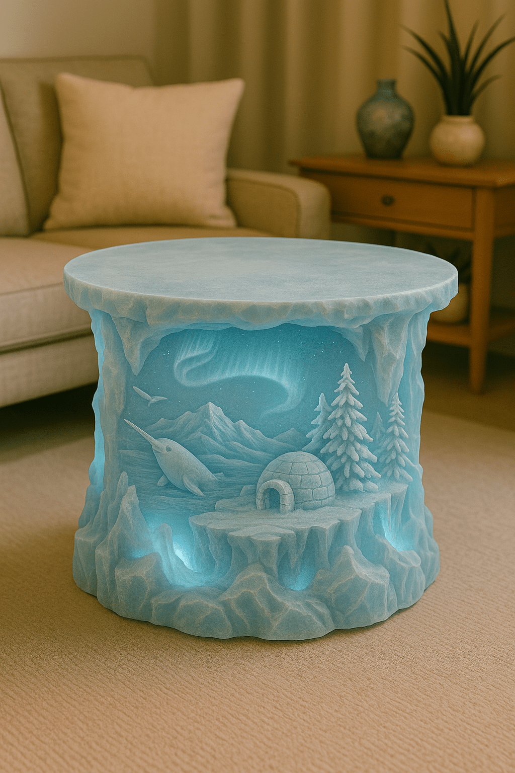 Frozen-themed coffee table with a glowing Arctic landscape featuring an igloo, narwhal, and aurora borealis lighting effect.