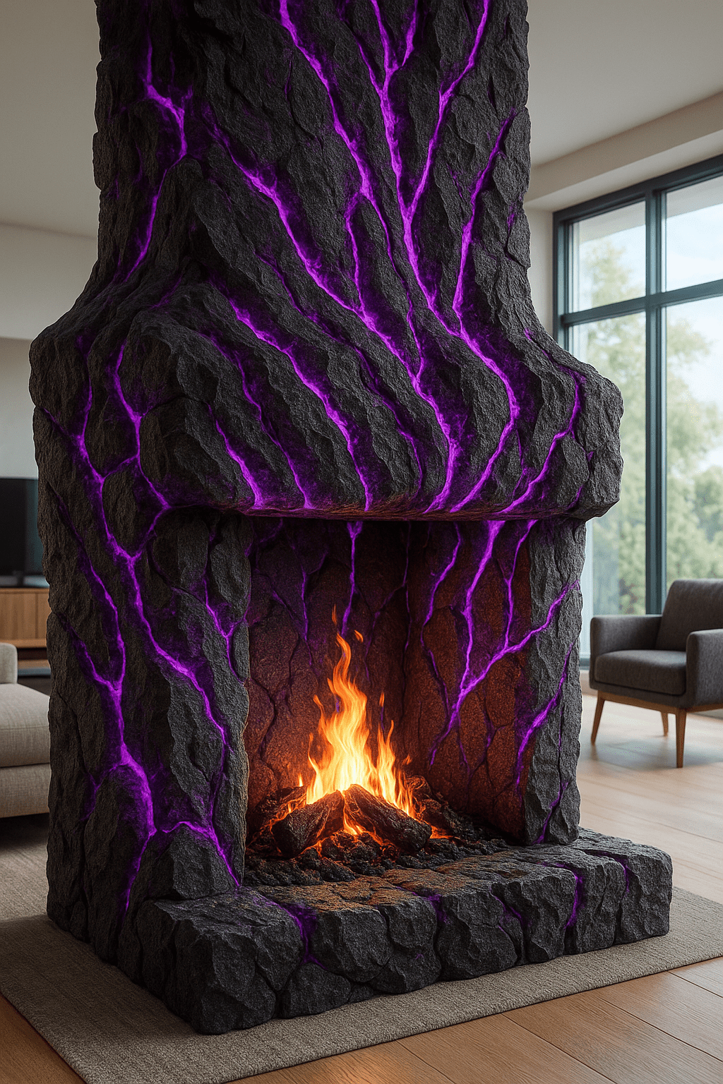 A dark stone fireplace with vivid purple glowing veins and a roaring fire in a modern living room.