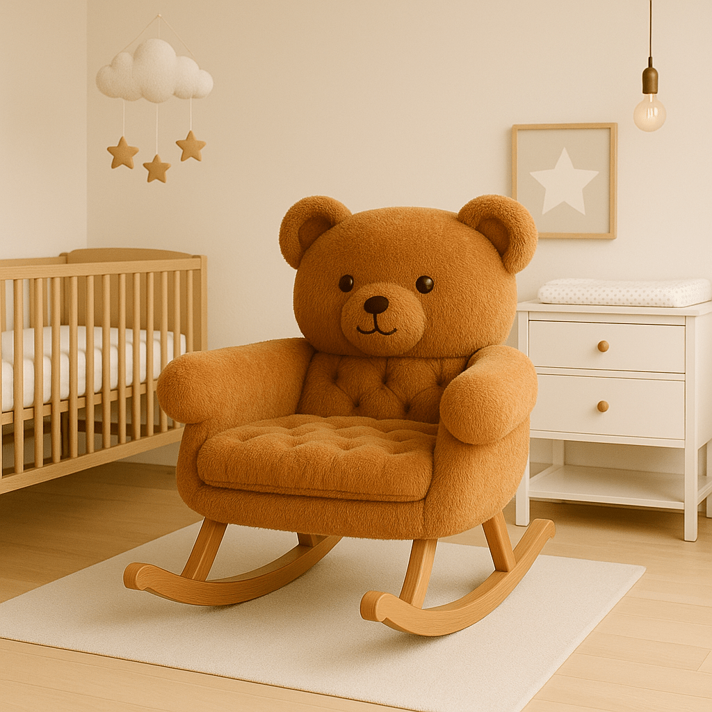 Plush honey brown teddy bear rocking chair with tufted seat and wooden rockers in a minimalist nursery