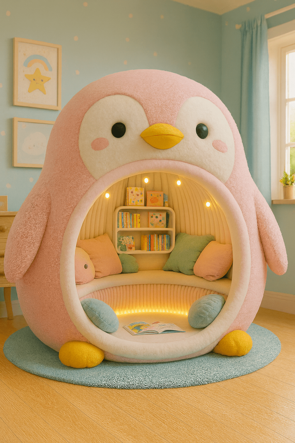 Pink penguin reading pod with integrated bookshelf and soft lighting in a cosy playroom