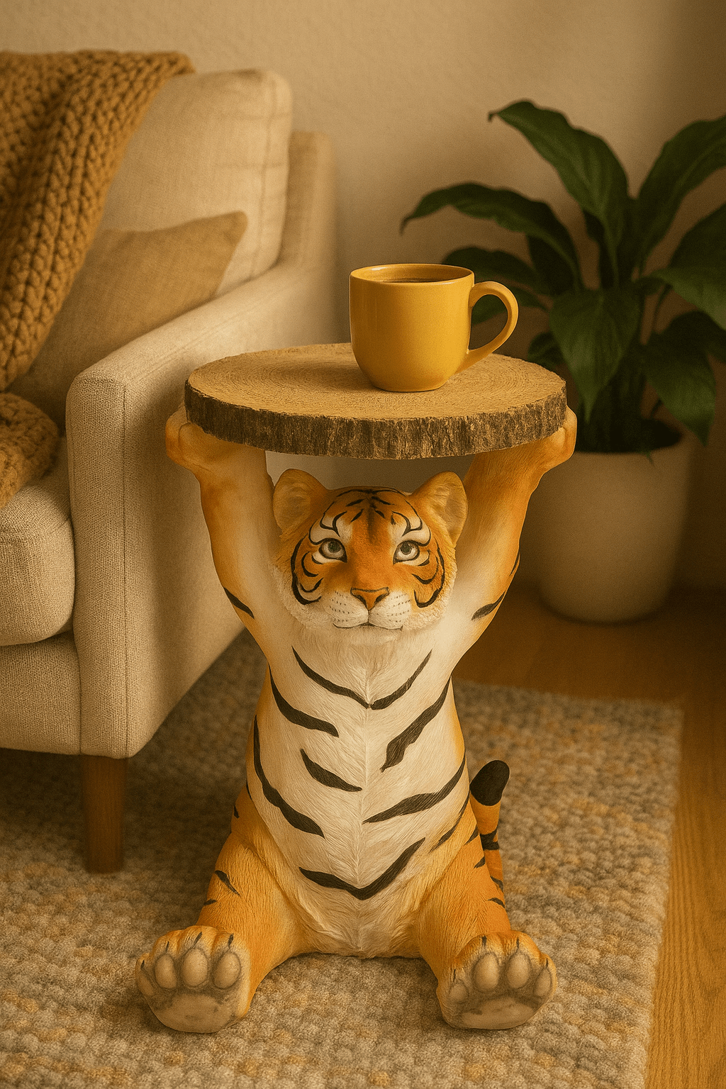 Majestic tiger side table holding a rustic wooden tabletop in a warm-toned room