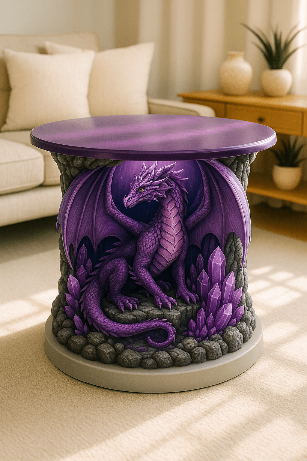 A purple dragon table surrounded by amethyst-like crystals beneath a polished purple tabletop