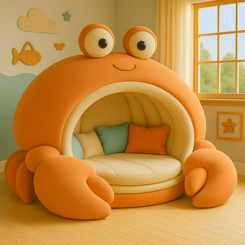 Bright orange crab-shaped reading pod with round claws and cosy cushions in a child’s room.