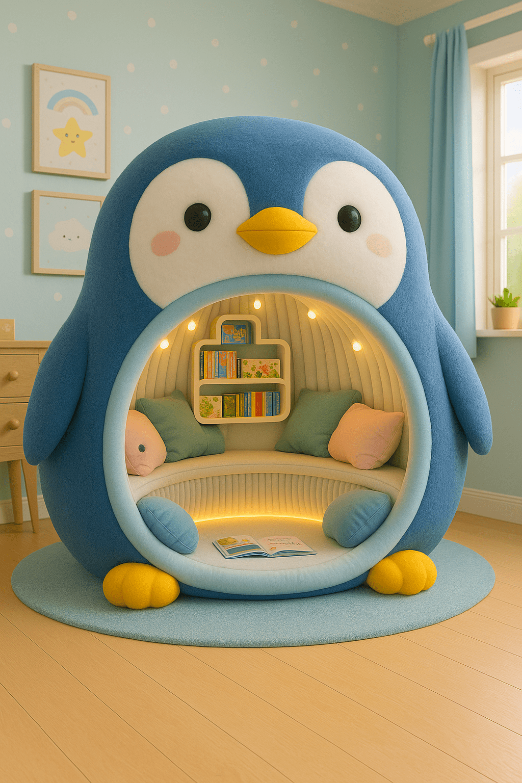 Blue penguin-shaped reading pod with warm interior lighting and pastel cushions in a child’s room