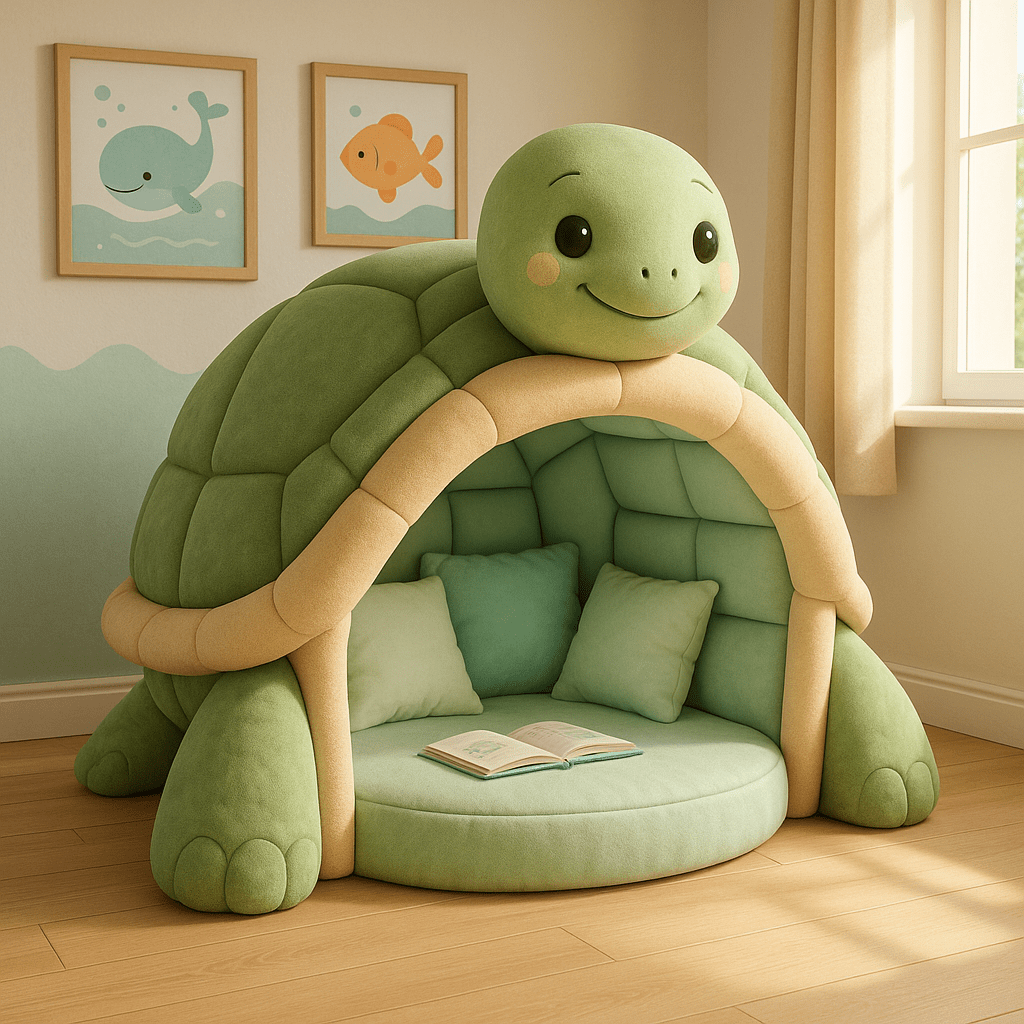Soft green turtle-shaped reading pod with plush cushions in a sunlit children’s room.