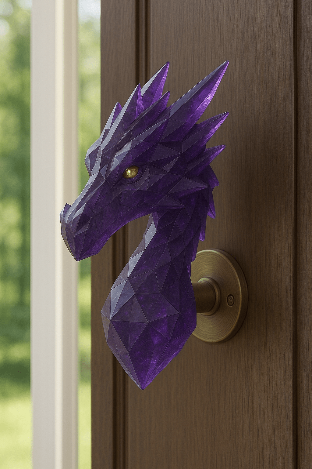 Deep purple dragon-shaped door handle glowing softly in natural light with brass base mount.