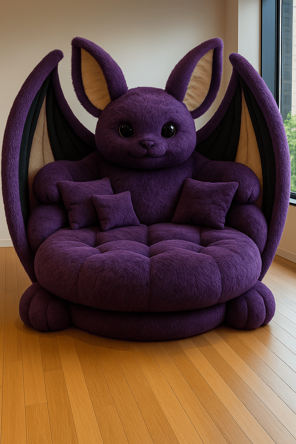 Oversized purple faux-fur bat-shaped sofa with cream and black wings in a bright living space.