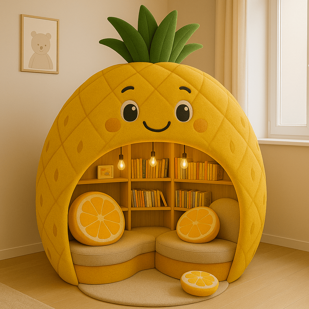 Yellow pineapple-shaped reading pod with tropical cushions and warm pendant lights.
