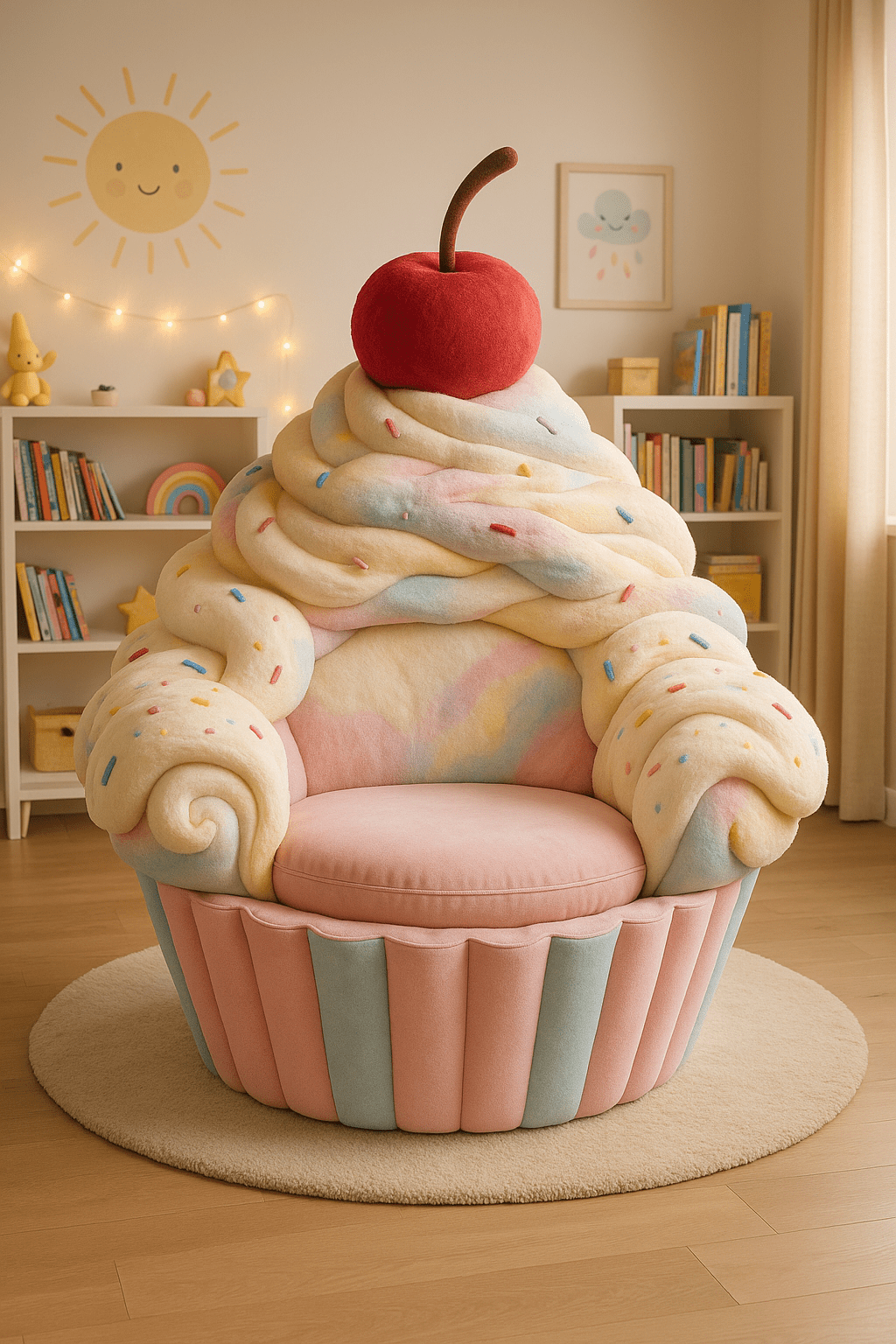 Soft pink and blue cupcake-inspired armchair with pastel frosting and colourful sprinkles in a sunny bedroom