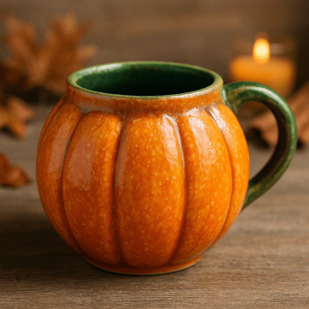 Bright orange pumpkin-shaped mug with green handle and rustic autumn background