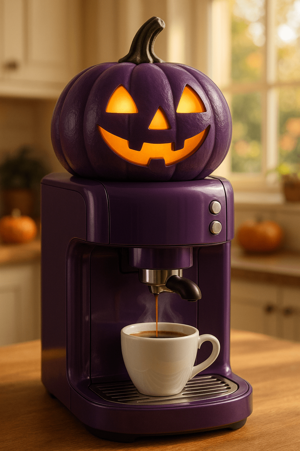 A purple pumpkin coffee machine glowing warmly as it brews espresso into a white cup.