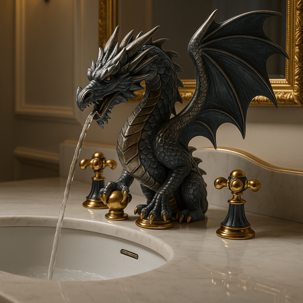 Dark grey dragon faucet with gold details flowing water into marble basin