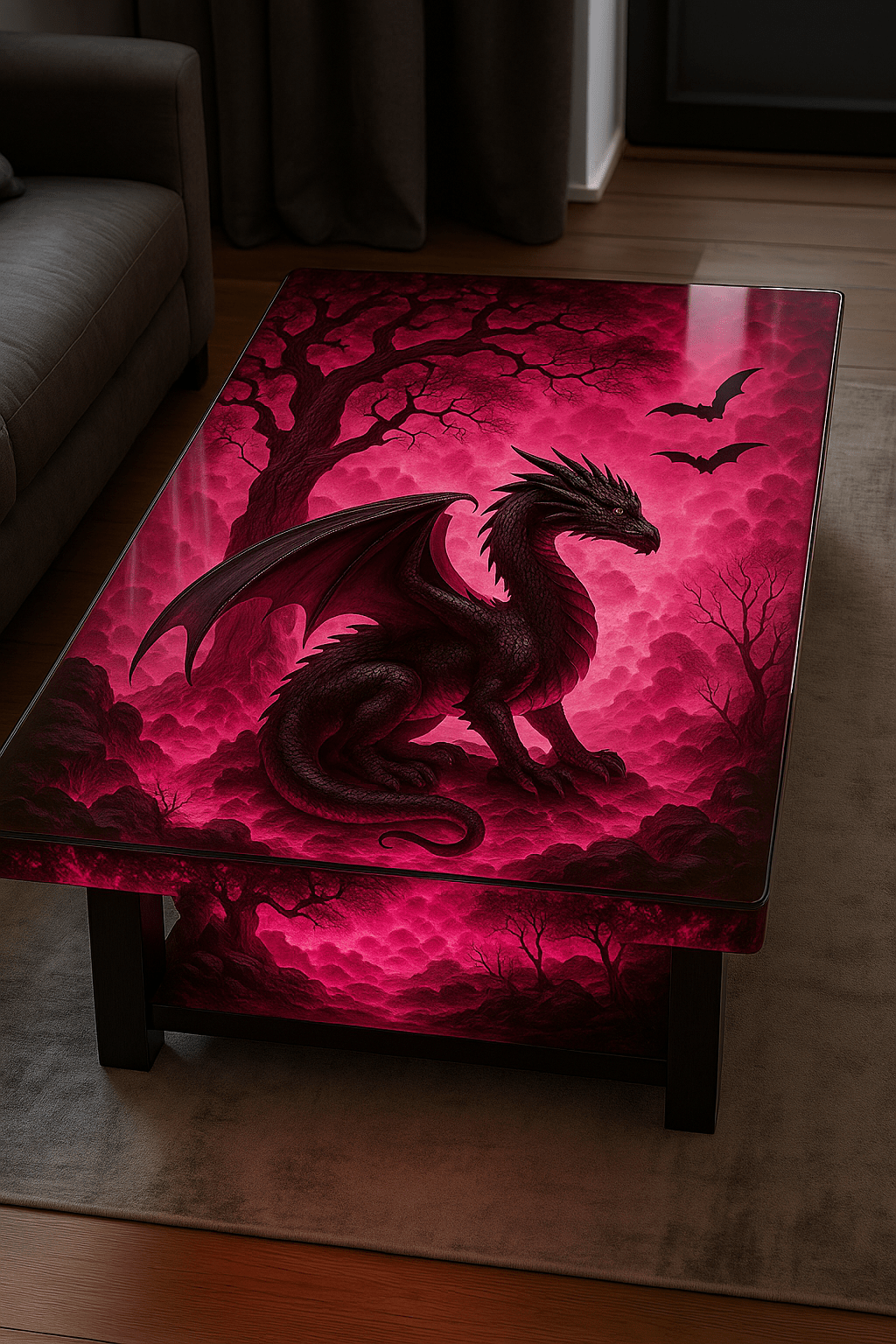 Pink glowing dragon coffee table with dark fantasy forest design and bats flying in crimson mist.