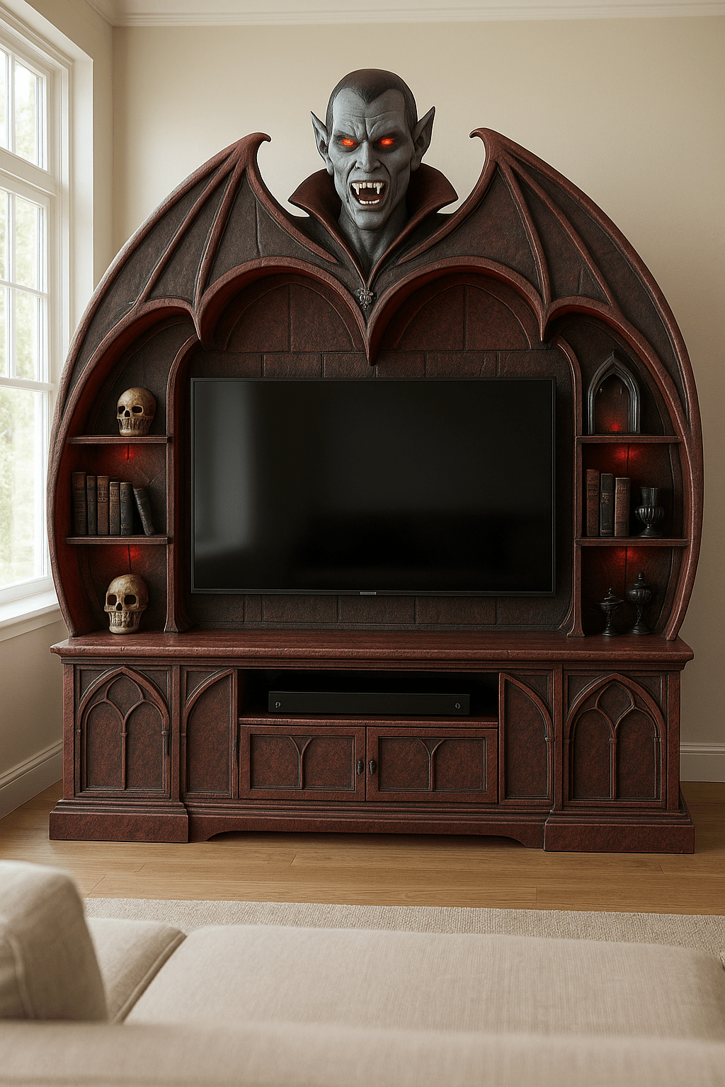 Crimson gothic stand with glowing red-eyed vampire bust and skulls on shelves.