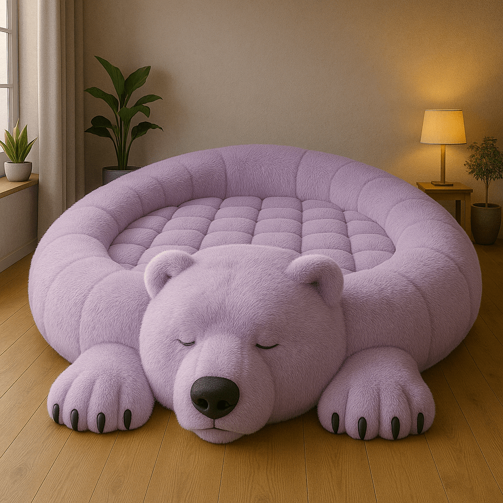Lavender purple polar bear-shaped plush bed placed in a softly lit wooden-floored bedroom.