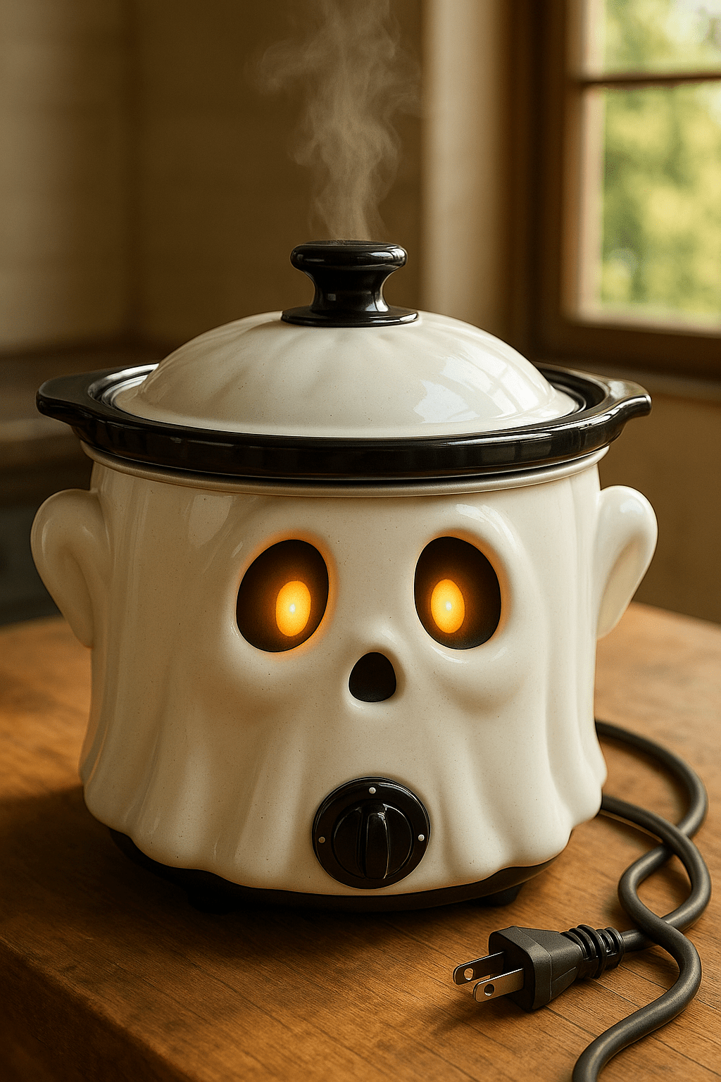 A white ghost-shaped slow cooker with glowing eyes and soft black accents, giving off a friendly Halloween vibe.