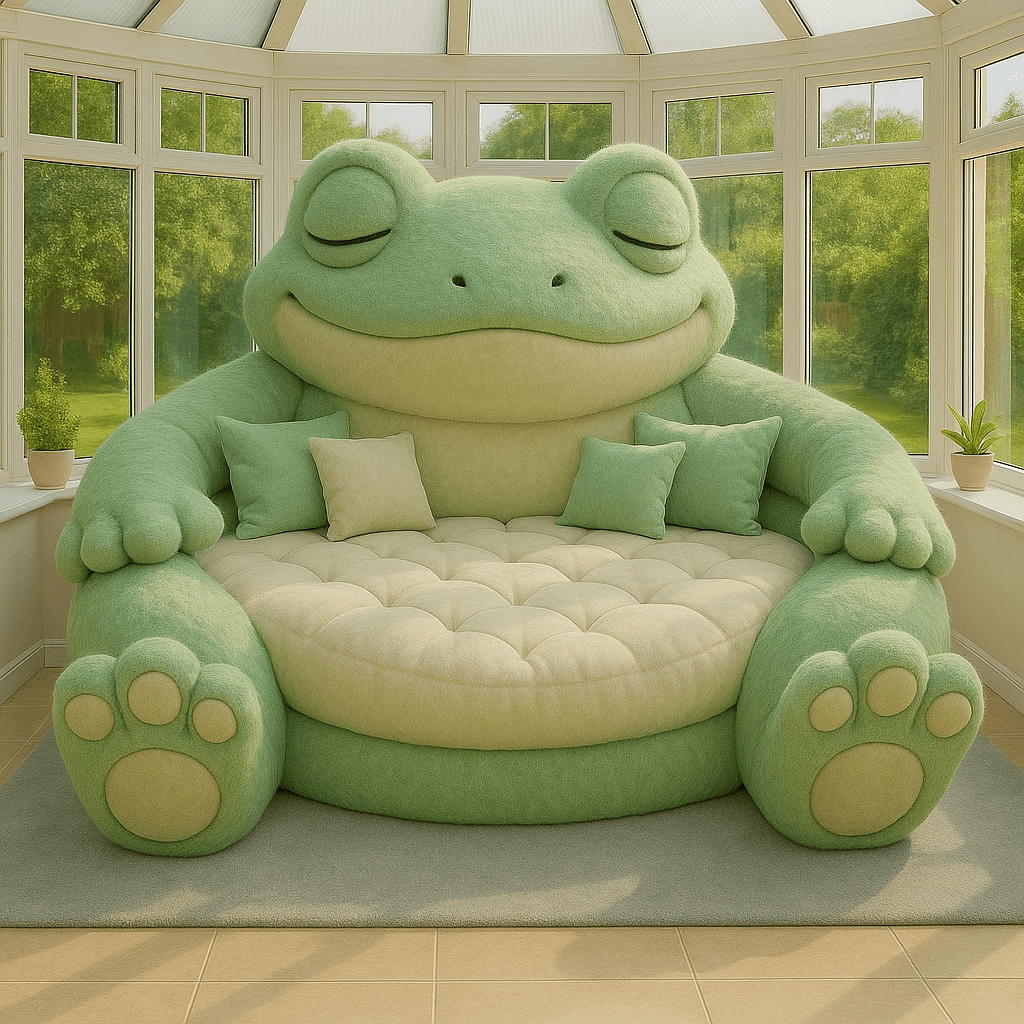 Cosy green frog-shaped sofa with tufted cushions in a bright conservatory space