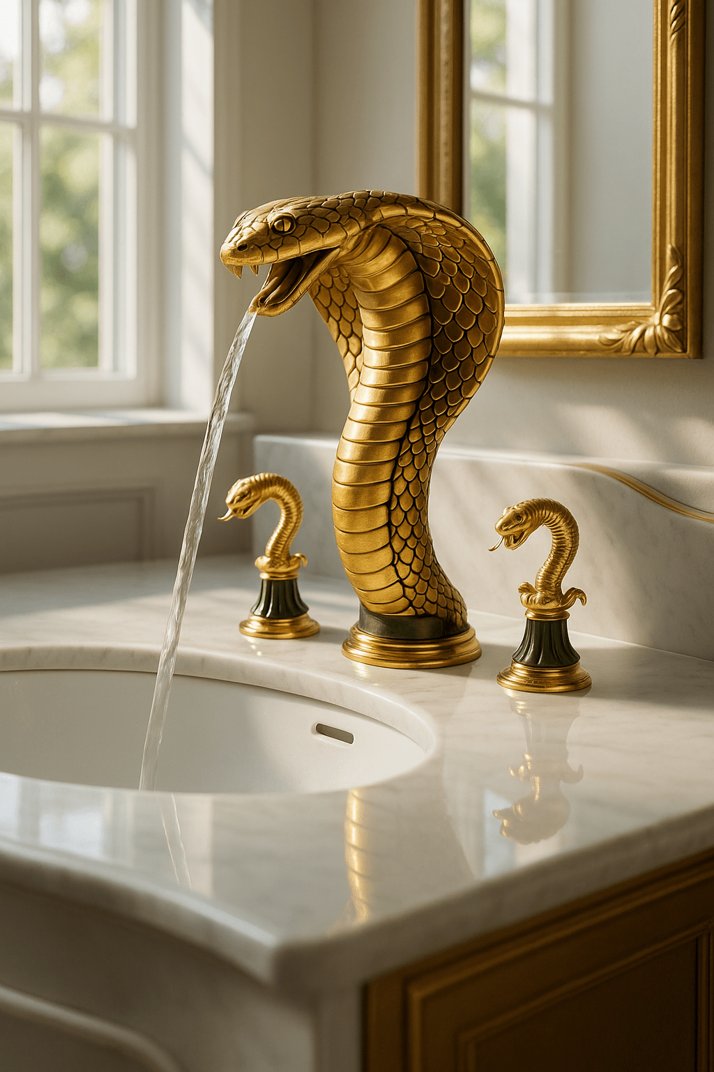 Opulent gold cobra faucet design with matching handles on marble countertop