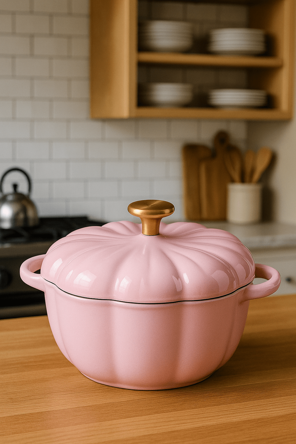 A pastel pink pumpkin-shaped casserole dish with a golden lid handle on a wooden kitchen surface.