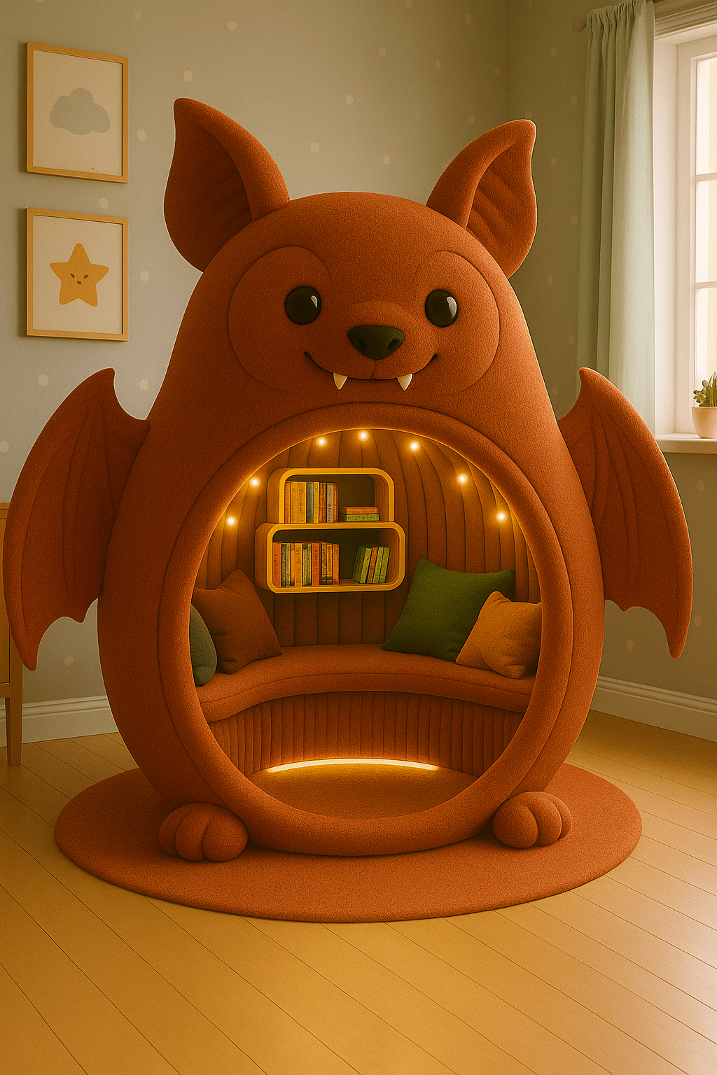 Burnt orange bat-themed reading pod with curved seating, cushions, and warm ambient lights.