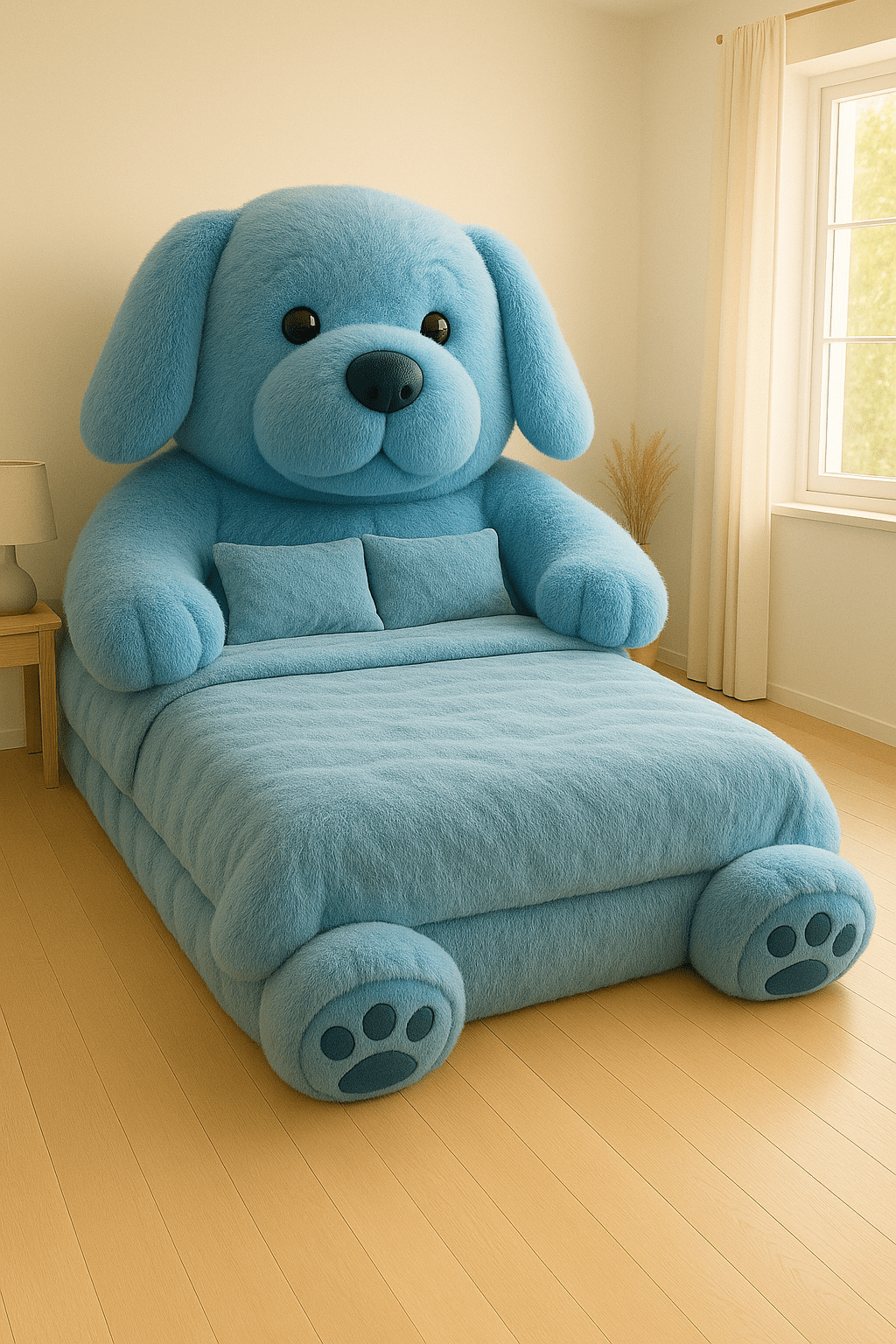 lue dog-shaped bed with floppy ears and paw details in a bright, calm room