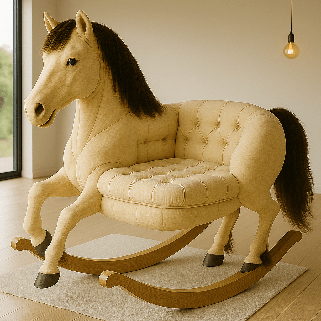 Luxury golden beige horse-shaped rocking sofa with tufted upholstery and wooden rocking base.