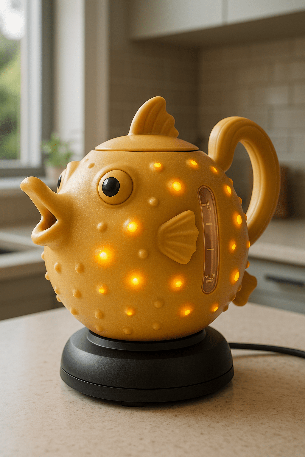 Close-up of a yellow pufferfish-shaped kettle with glowing orange LED lights on a kitchen counter.