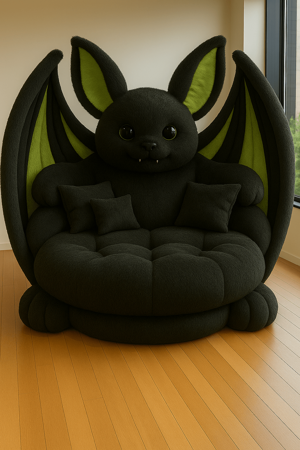 Giant bat sofa in dark faux fur with green-lined wings and matching cushions in a contemporary room.