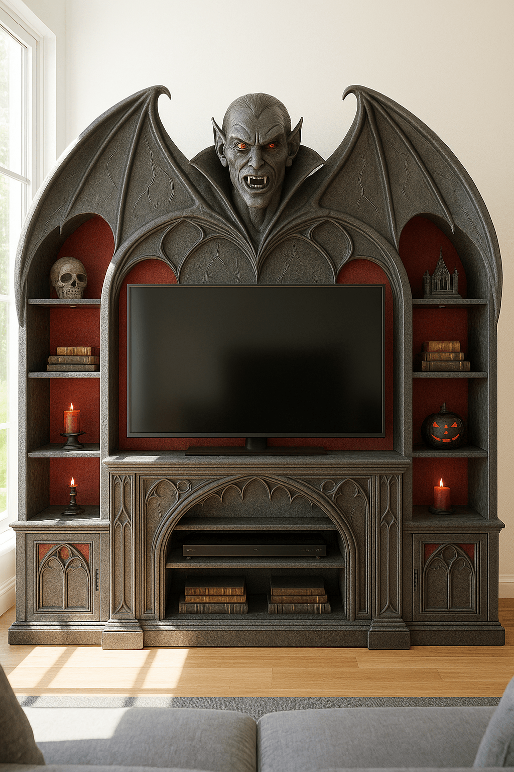 Grey gothic vampire TV stand with red shelving, vampire bust, candles, skull, and pumpkin details.