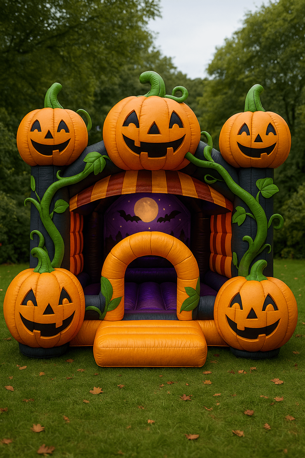 A Halloween bouncy castle decorated with large jack-o’-lantern pumpkins and vines.