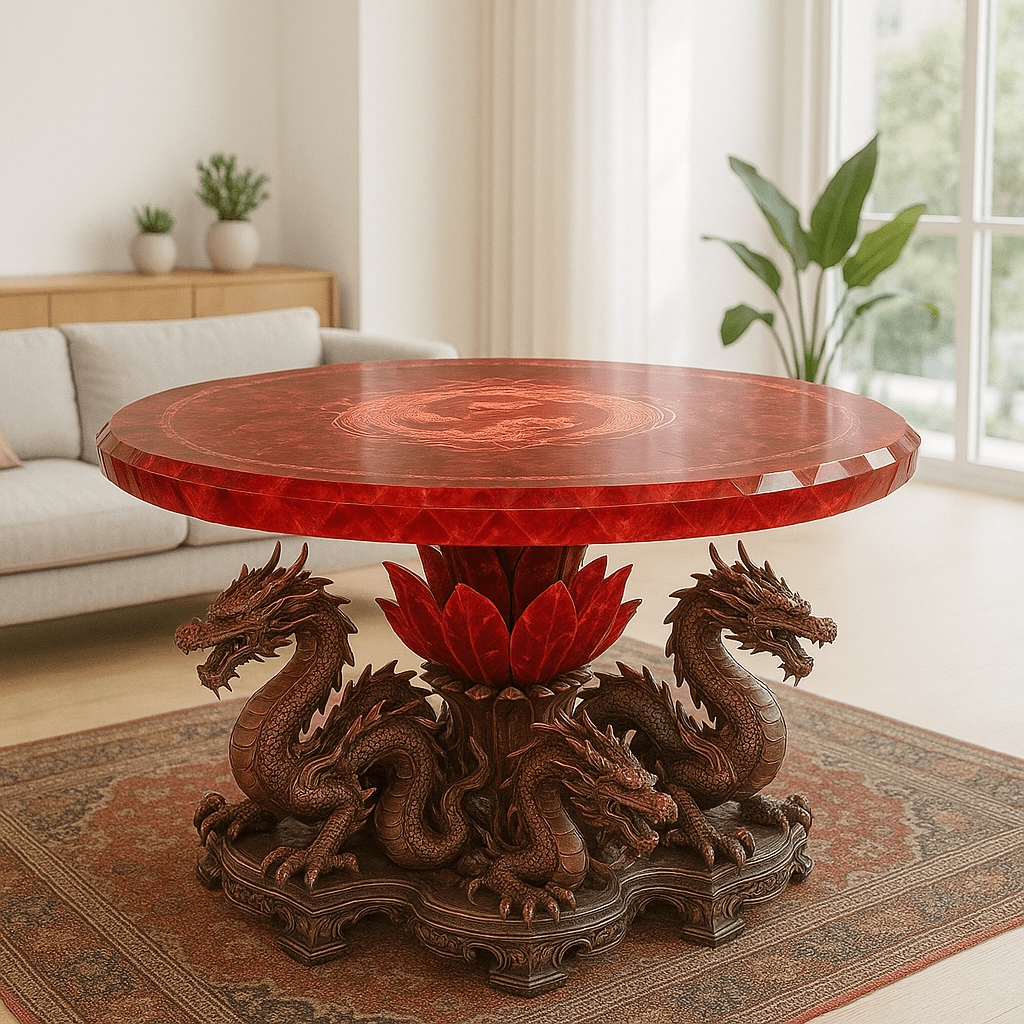 Deep table with intricately carved dragon base and gemstone-style tabletop in a modern living room