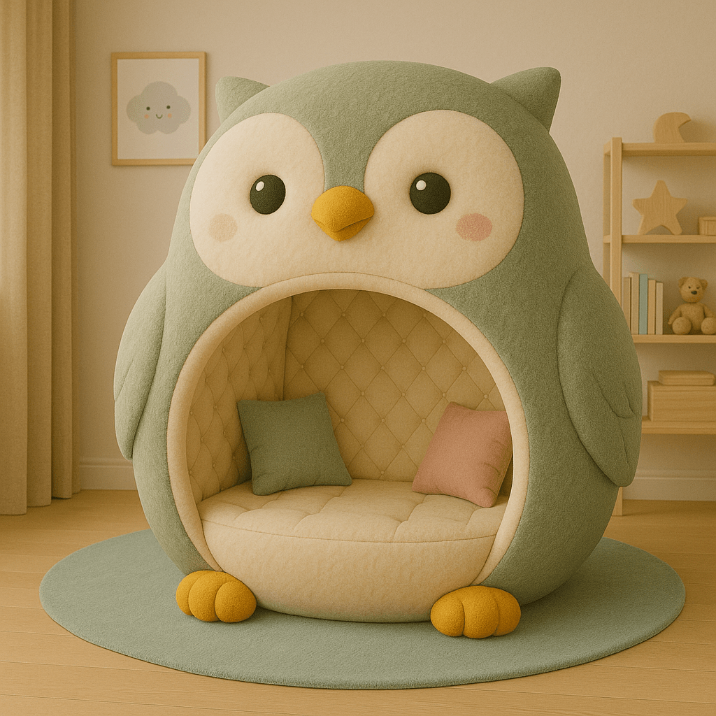 Calming sage green owl-shaped reading pod with cream interior and pastel cushions for a relaxing nook.