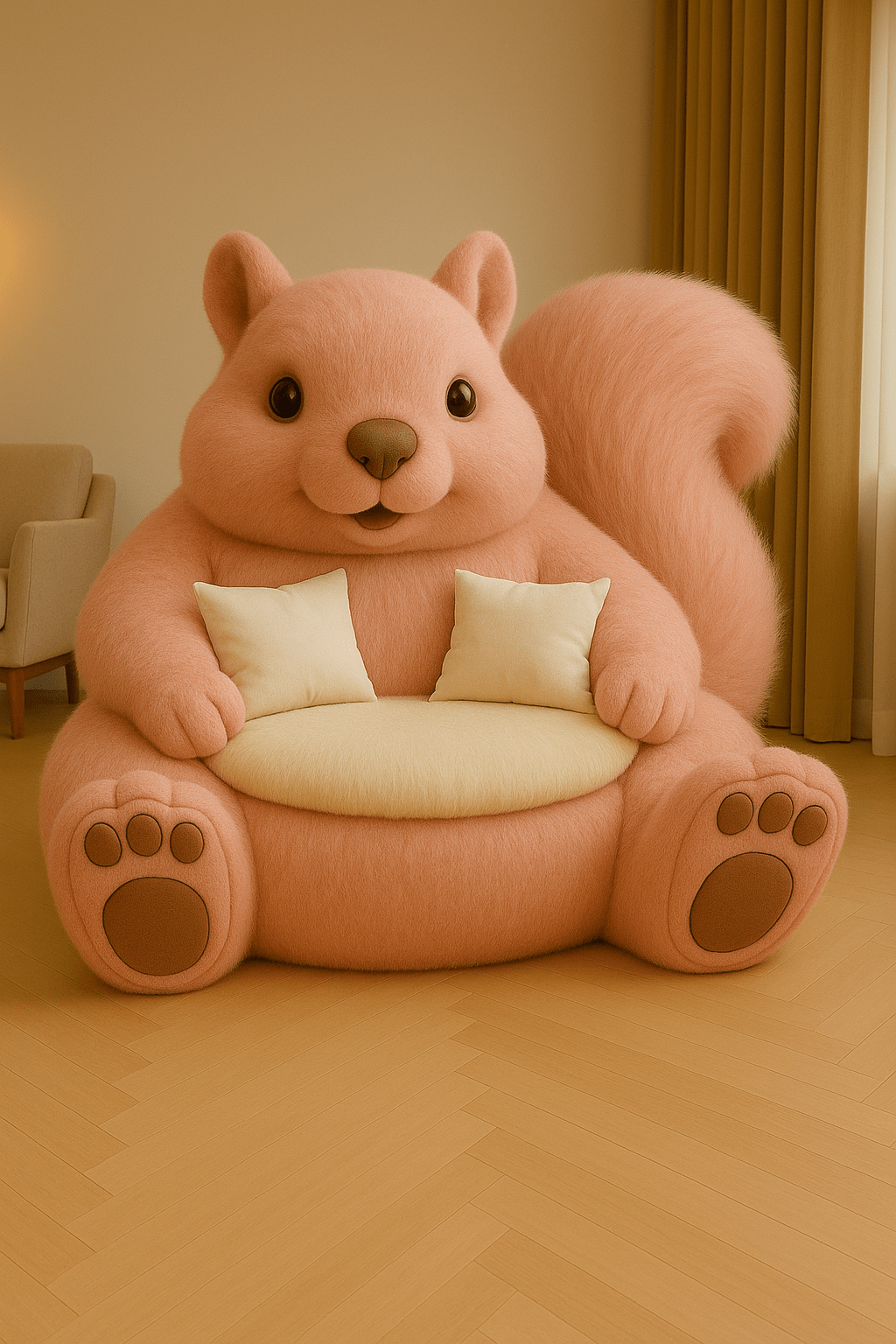 Oversized peach chair with soft fur and cream cushions in a cosy living room.