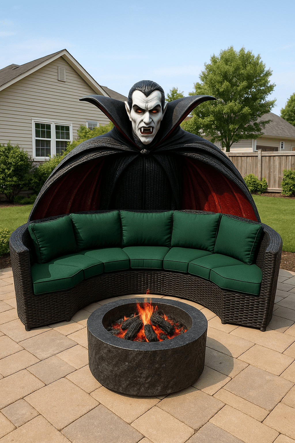Outdoor vampire-themed sofa with green cushions and firepit on stone patio.
