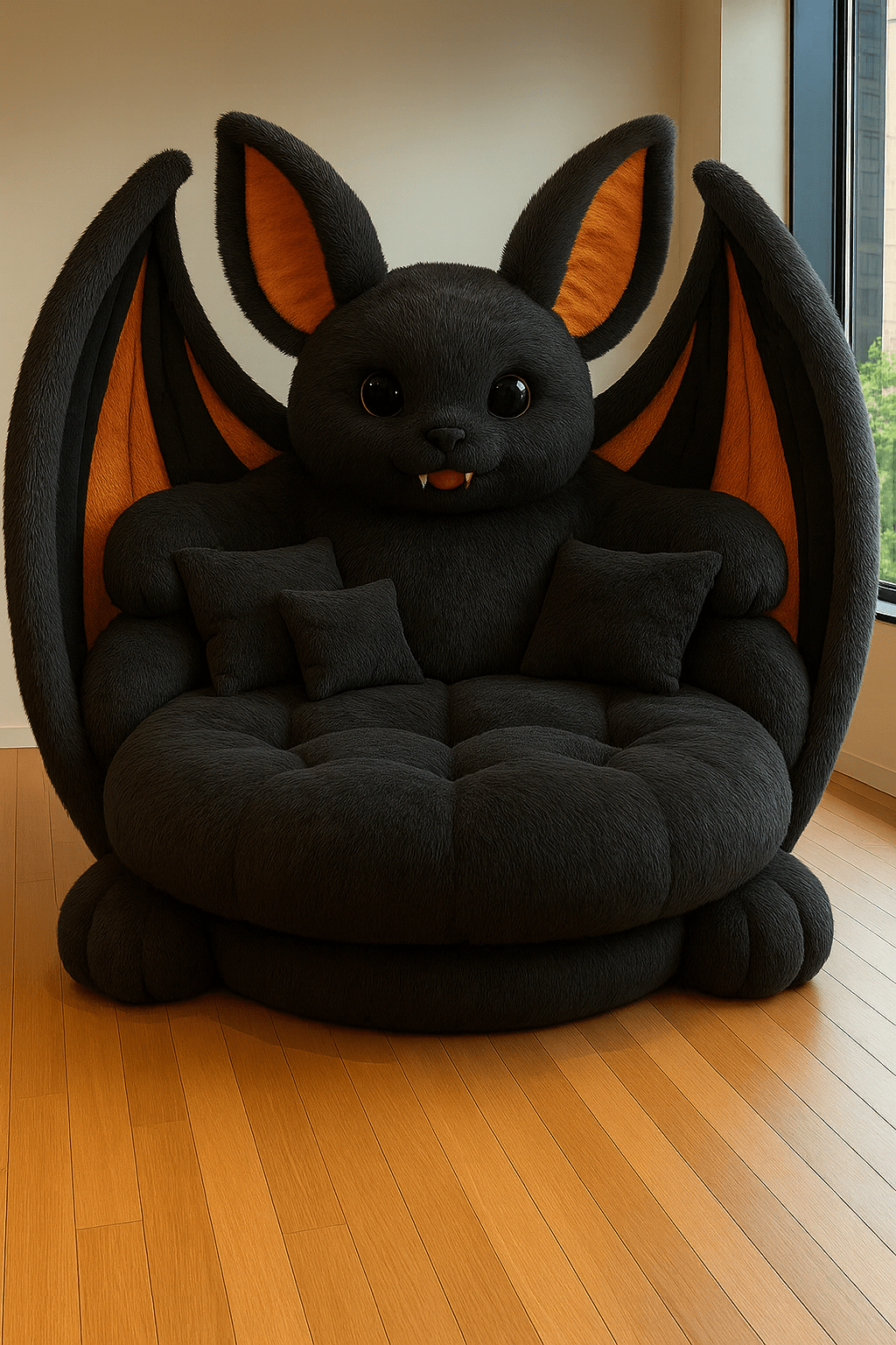 Oversized bat-shaped sofa in black faux fur with orange interior wings and small cushions, placed near a window.